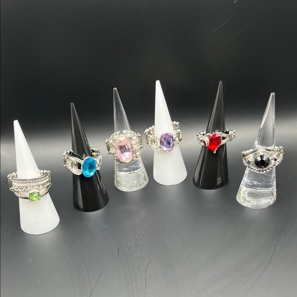 6 Stretchy Silver-Tone Multi Gemstone Statement Rings - Assorted Colors